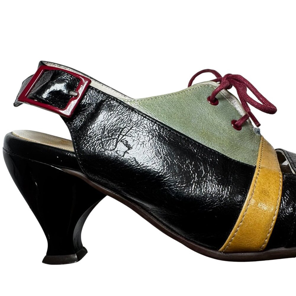 John Fluevog Brooke 6.5 Multicolor Cutout Slingback Heels Retro Mod Art Deco - Picture 6 of 14